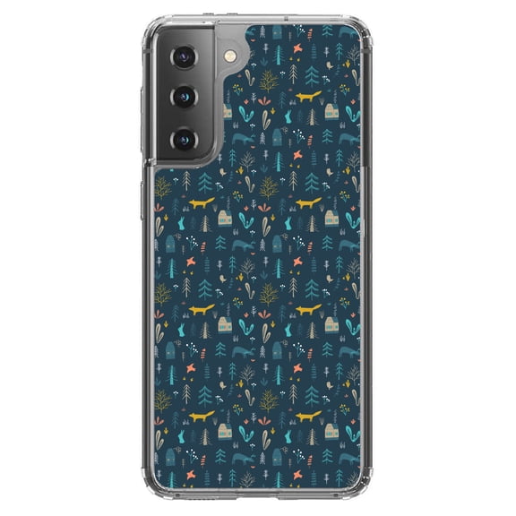 DistinctInk Clear Shockproof Hybrid Case for Galaxy S21 5G (6.2" Screen) - TPU Bumper, Acrylic Back, Tempered Glass Screen Protector - Modern Floral - Navy - House, Deer, Tree