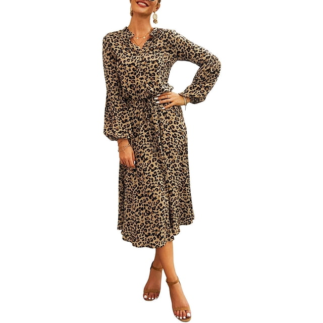 Vestido midi de leopardo para mujer, elegante, de manga larga, de cintura alta, con botones en la parte delantera, cinturón con cordón, vestido con forro en A Adepaton WMZL-2297-14