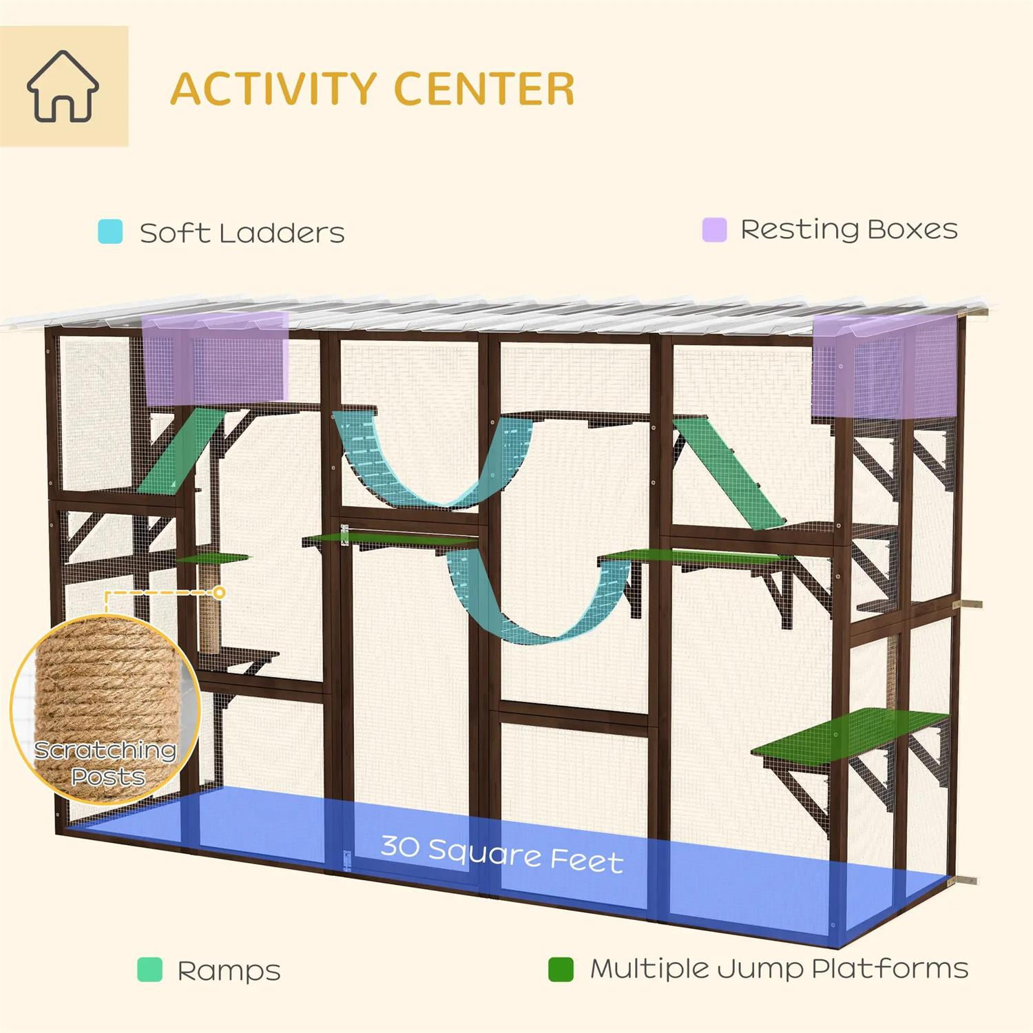 Pefilos 118" Outdoor Weatherproof Cat Cage with Shelves, Bridges, Wooden Catio House for 2-3 Kittens Cats, Indoor Cat Enclosure, Brown