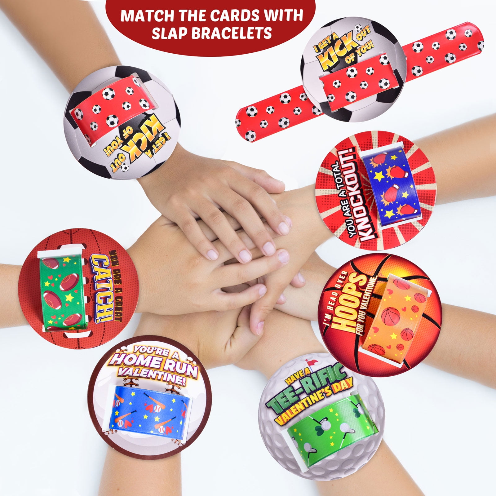 180 Pcs Valentines Day Cards with Slap Bracelets and Stickers with Heart Boxes for Kids, Classroom Valentines Party Favors for Kids, 6 Sports Elements Valentine Exchange Cards for Students