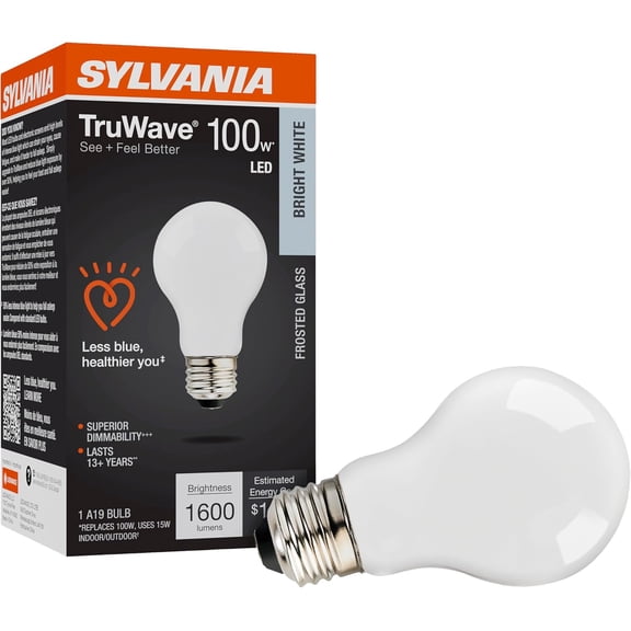 CERPXFF-Sylvania LED TruWave Natural Series A19 Light Bulb, 100W Equivalent, Efficient 15W, 1600 Lumens, Medium Base, Dimmable, Frosted, 3500K, Bright White - 1 Pack (42294)