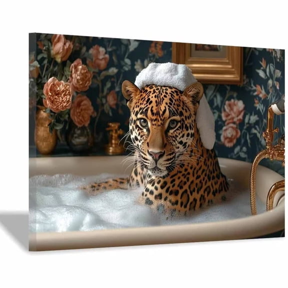 Mudket Framed Leopard with Towel in Bubble Bath Canvas Wall Art, Funny Leopard Print Bathroom Decor, Cute Animal Wall Art Ready to Hang - 12"L x 8"W