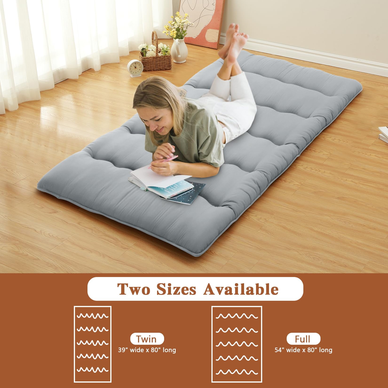 Danolapsi Japanese Floor Mattress Twin/Full Size,Futon Mattress Foldable Sleeping Pad for Kids,Roll Up Mattress Tatami Mat for Camping,Guest Room,Bedroom