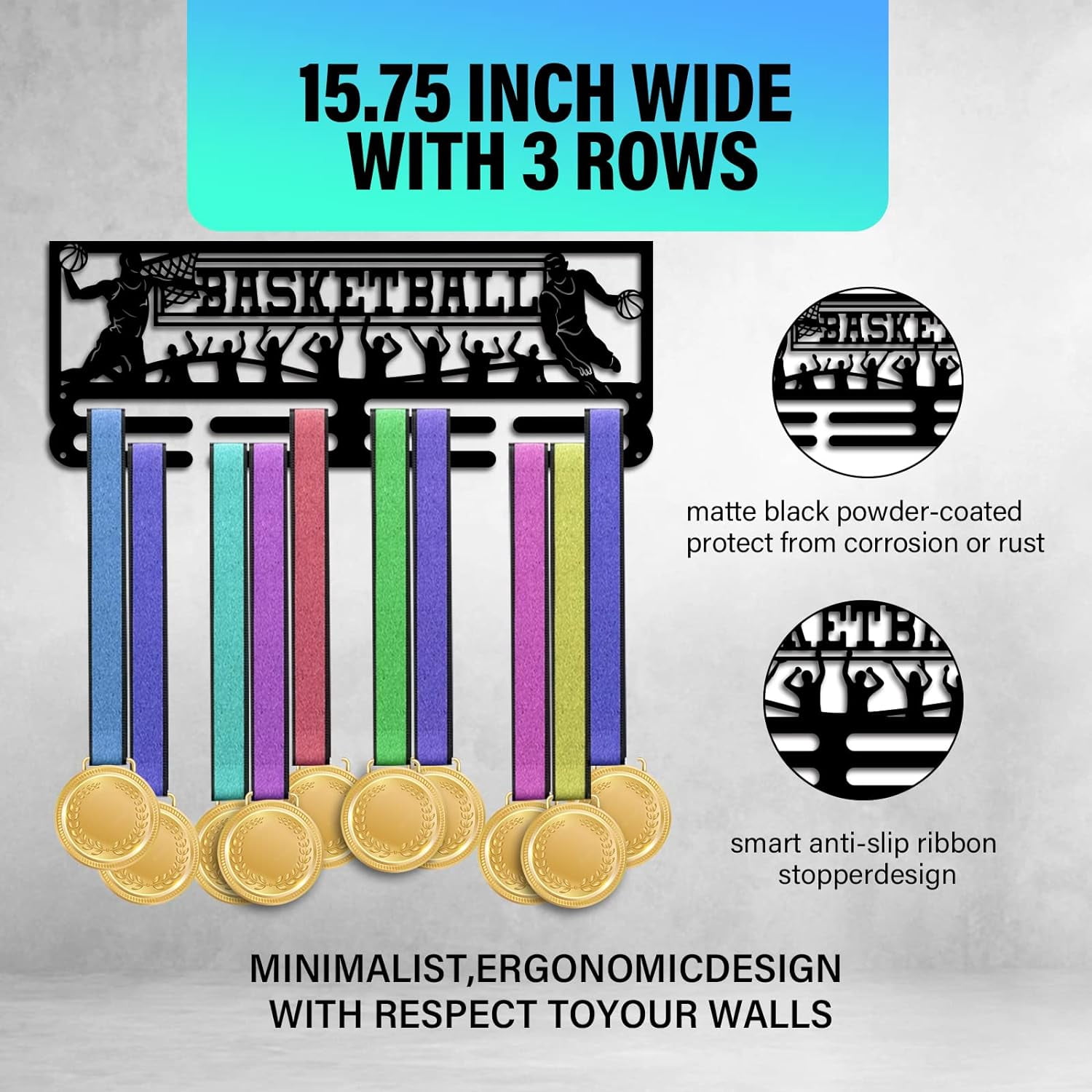 PH Basketball Medal Hanger Holder Trophy Display Rack Hanger Awards Ribbon Cheer 2 Lines Sport Award Rack Wall Mount Iron Frame for Over 50 Medals Necklace Jewelry 15.75 Inch/40cm for DIY