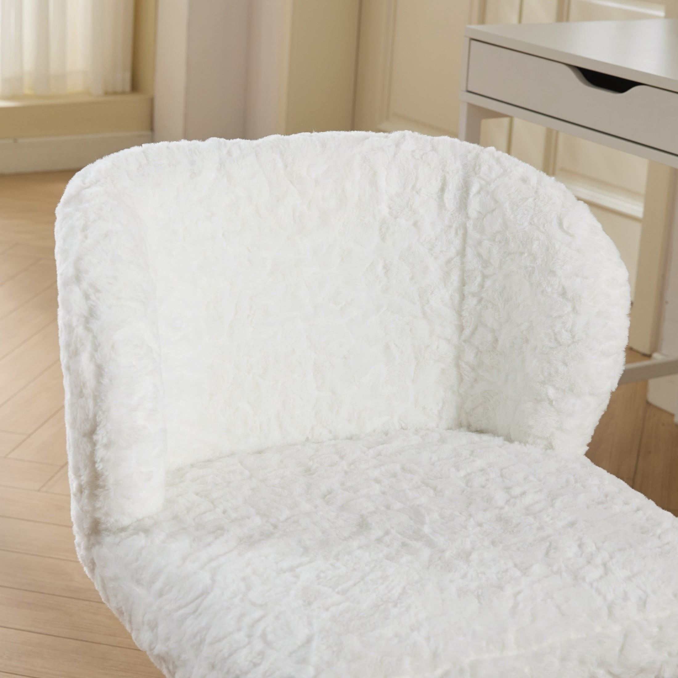 GDF Studio 22.5"W Faux Fur Office Chair with Adjustable Height, Swivel Metal Base, Ivory