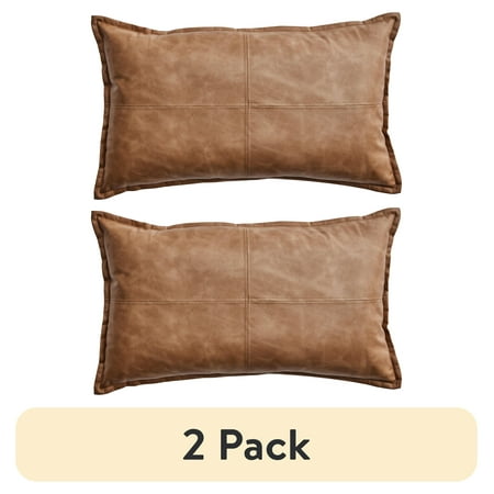 (2 pack) Better Homes & Gardens 14" x 24" Beige Vegan Leather Decorative Pillow