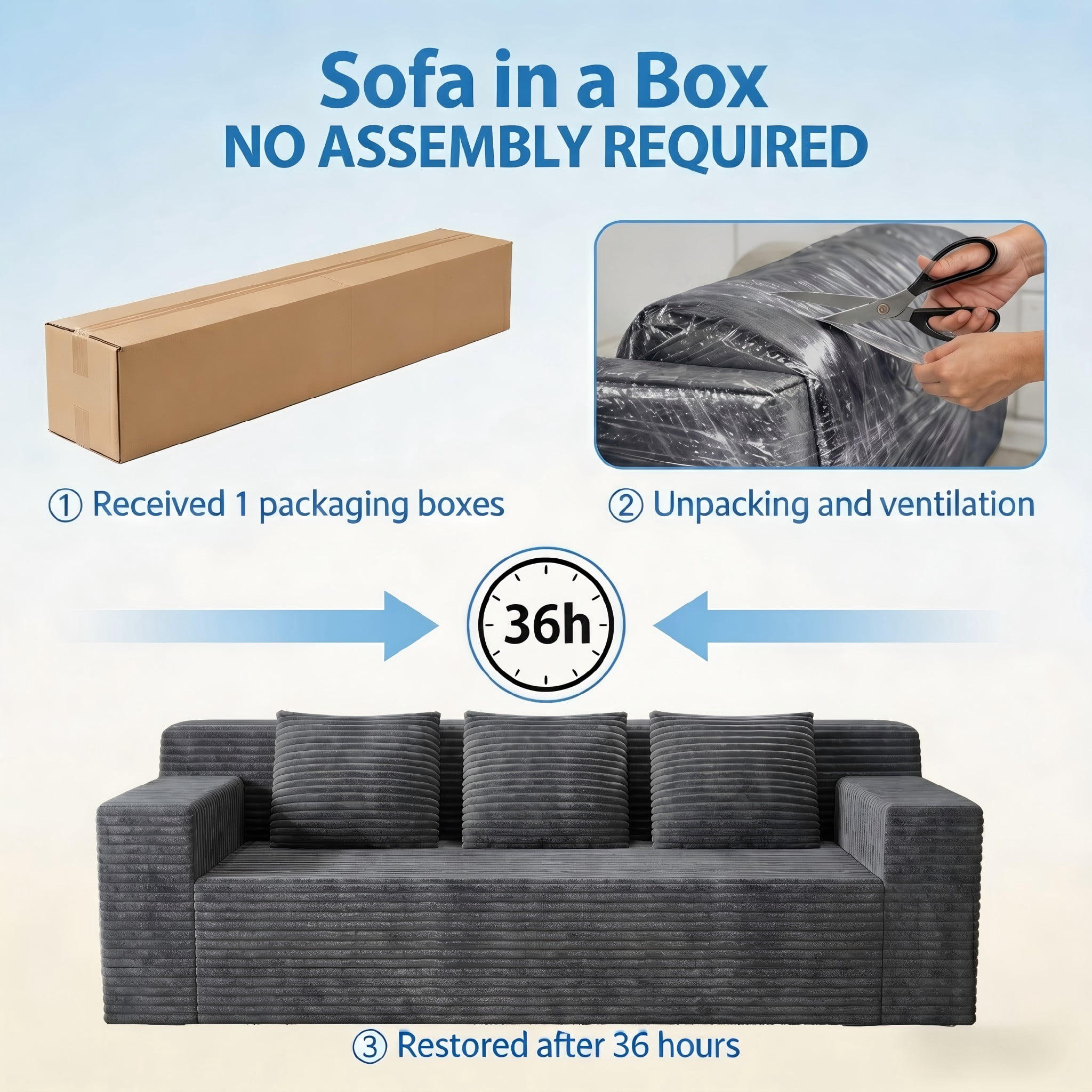 Modern 71" Corduroy Sofa, No Assembly Deep Seat Couch in a Box for Living Room, Dark Grey