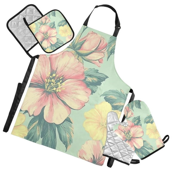 Vintage Style Flowers Oven Mitts and Pot Holders with Chef Apron Set 5 Pcs Kitchen Cooking Set