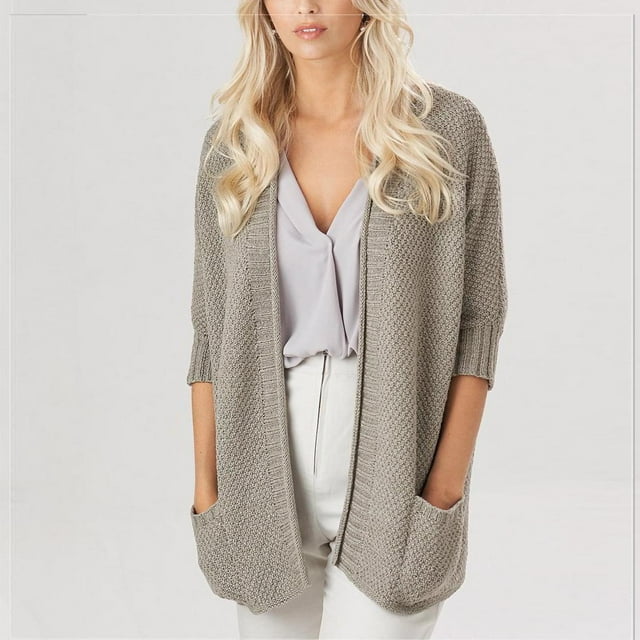 AherBiu Cardigans pour Femmes Manches 3/4 Décontracté Léger Crochet Tricot Élégant Ouvert Couvre-Maillot