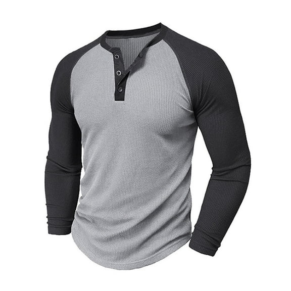 CQONEPT Men's Henley Shirts Dressy Casual V Neck Long Sleeve Tops Color Block Pullover Tees Fall Fit Clothes Gray L