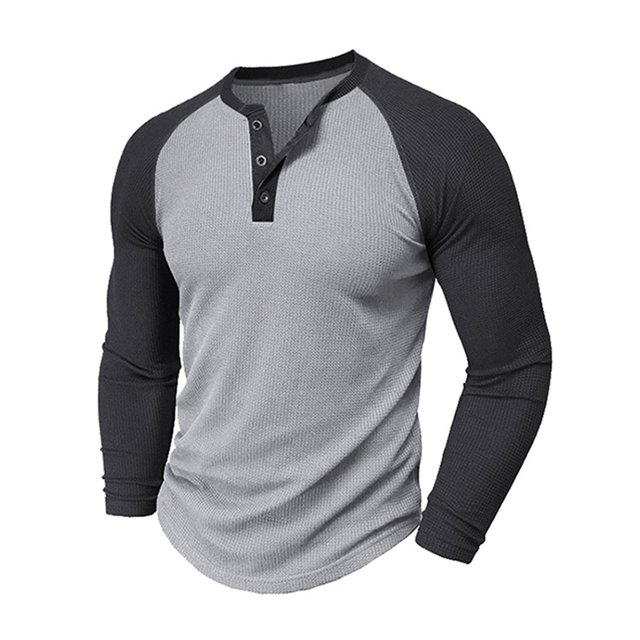 Blusas y camisas de manga larga y cuello redondo para hombre, blusas casuales de color liso con botones y cuello redondo, blusas de poliéster para hombre