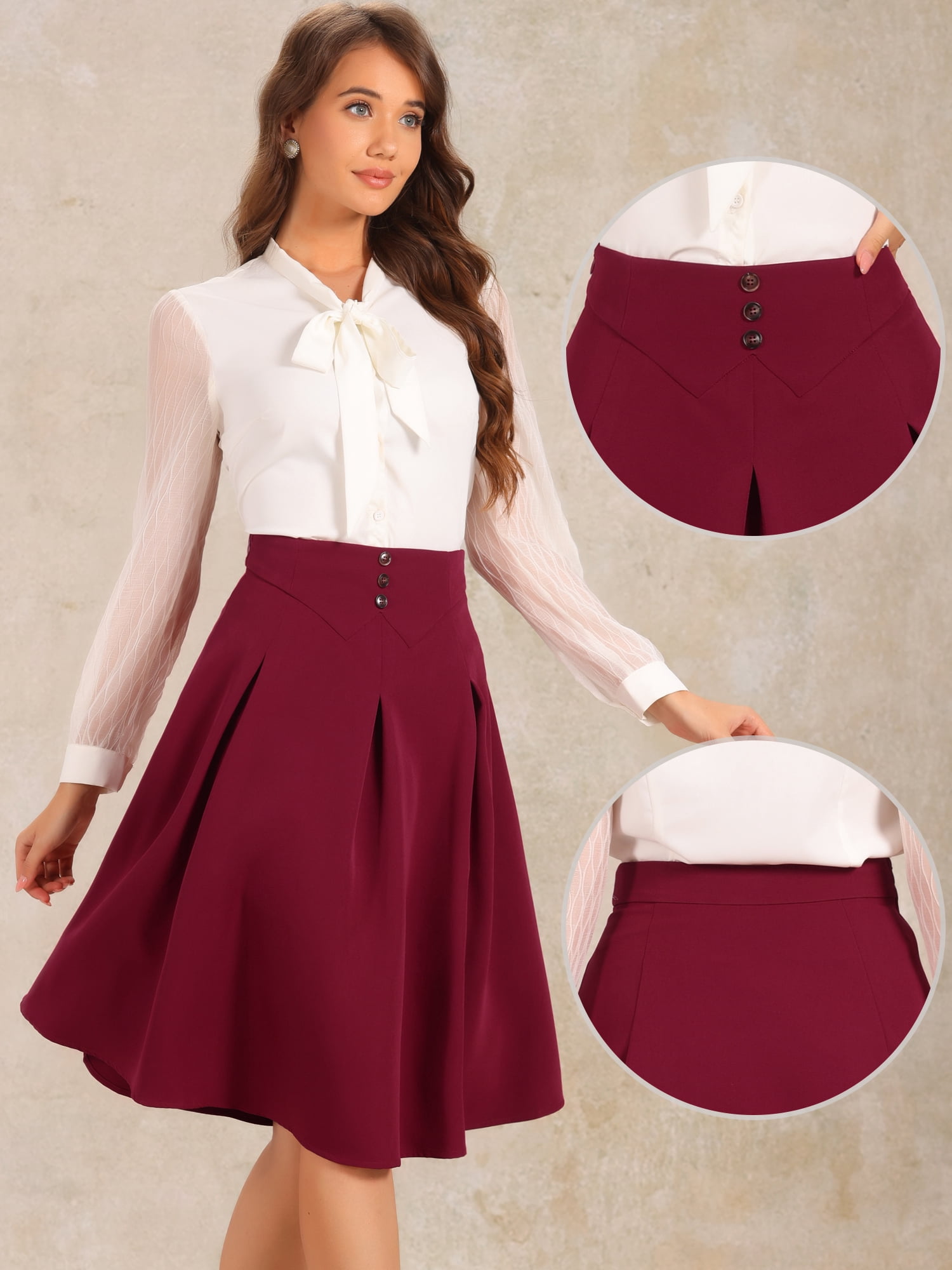 DARING DIVA Women's Casual Office A-Line Button Decor Midi Skirts M Burgundy