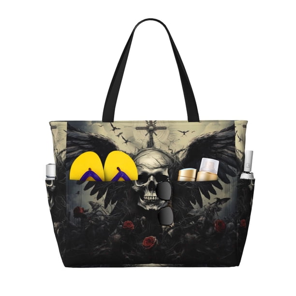 Disketp Vintage Winged Rose Skull Bolsa de Playa de Gran Capacidad, Bolso Impermeable y a Prueba de Arena para Mujer, Ideal para Playa, Piscina y Natación