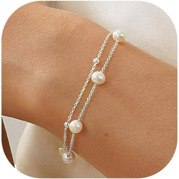Silver Gold Bracelets for Women Trendy 14K Gold Plated Bracelet for Women Non Tarnish Dainty Stackable Layered Chain Heart Pearl Knot Beaded Bracelets Stack Set Charm Mothers Day Jewelry Gifts