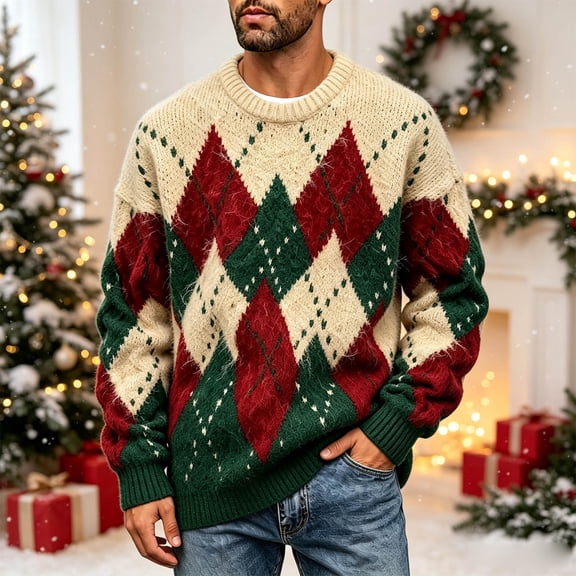 Zormilly Christmas Sweater Men Long Sleeve Crew Neck Cable Knit Sweaters Festival Holiday Oversized Fuzzy Pullover, S-3XL