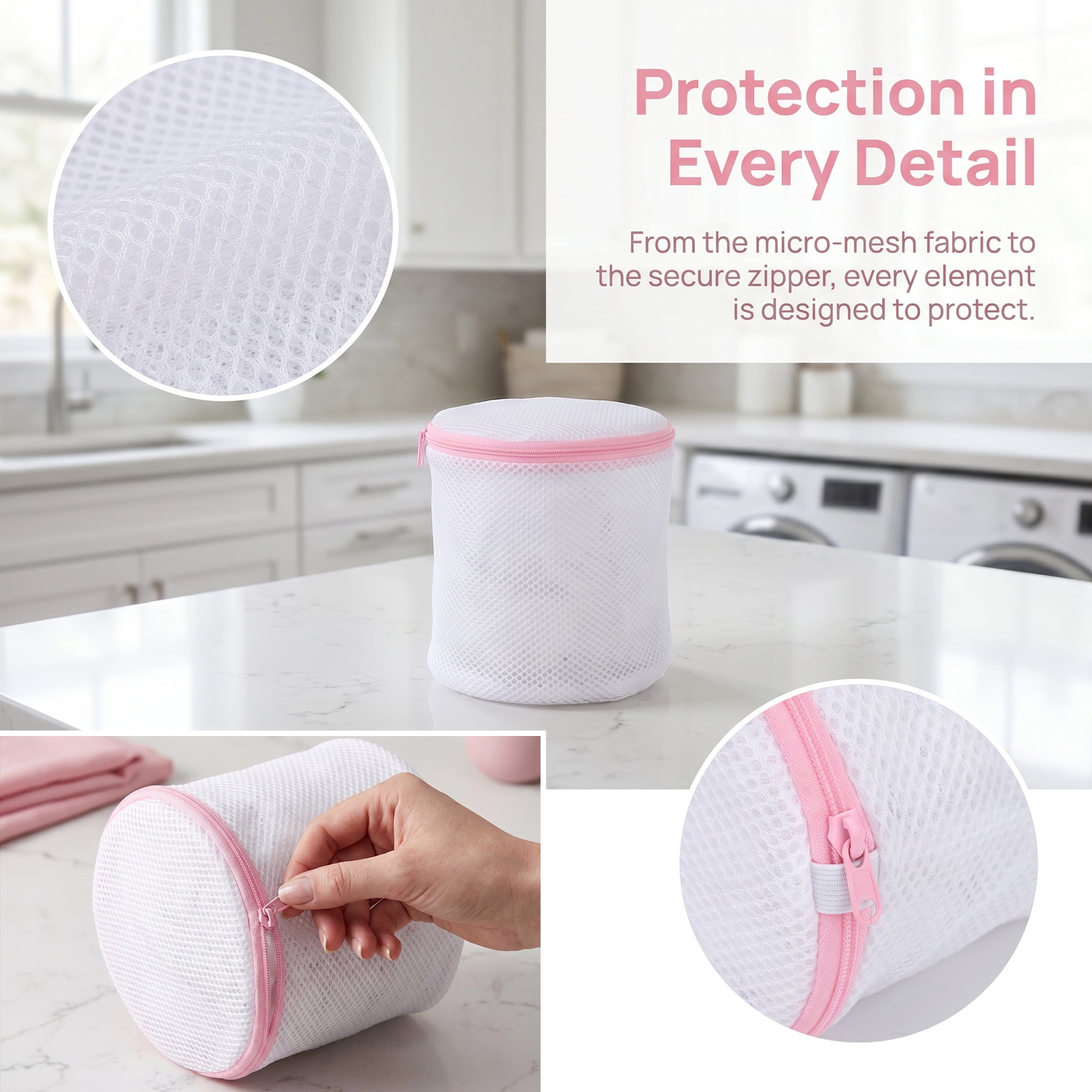 Unique Bargains 3Pcs Durable Mesh Zipper Closure Laundry Bags White-Pink 5.9" x 6.3"