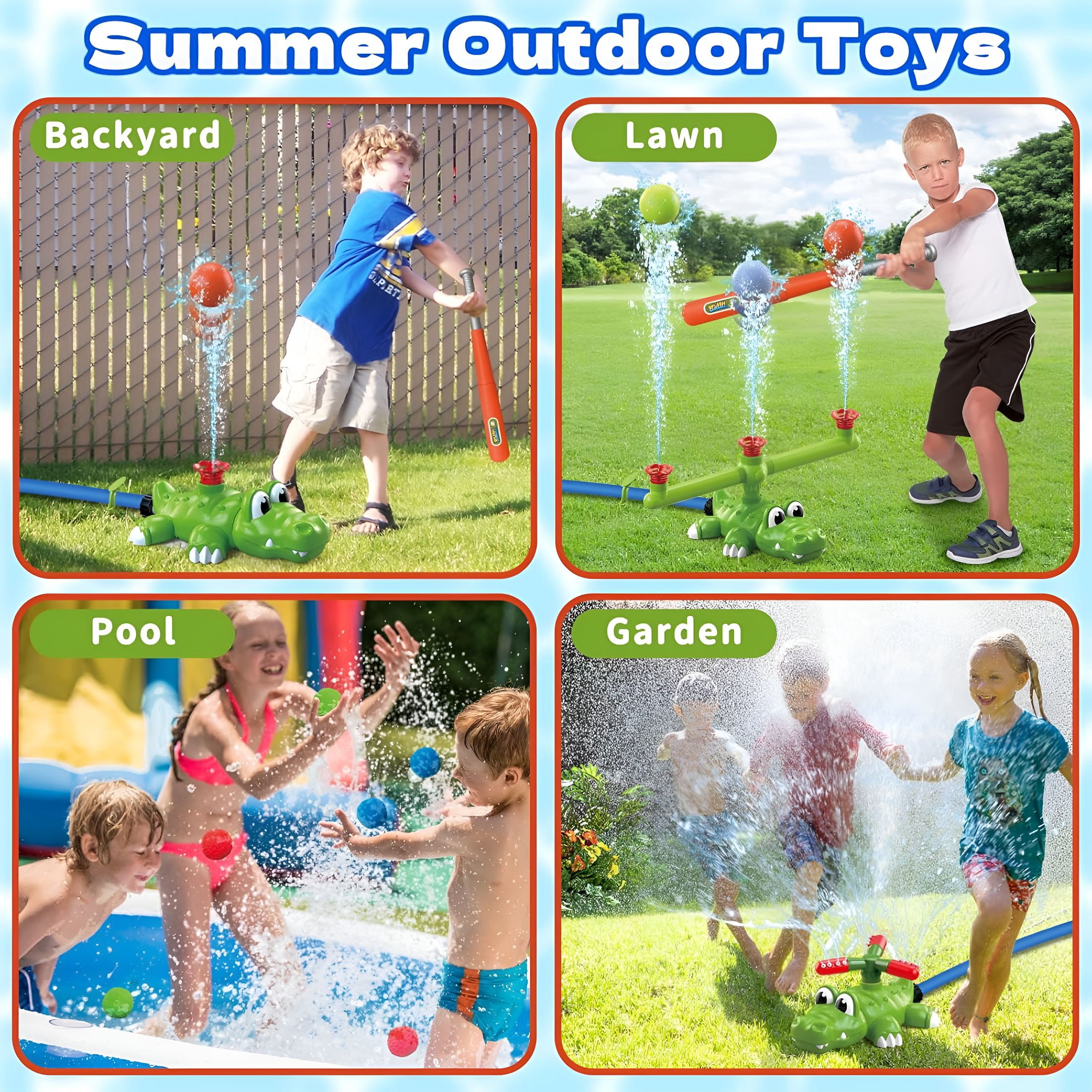 CYFW 4-In-1 Kids Water Sprinklers T Ball Set&Water Ball Toy,Crocodile Baseball Sprinkler for Backyard Outdoor Summer Toys for Boys Girls Outside Yard Water Game Toys for Kids Toddlers Ages 3-8