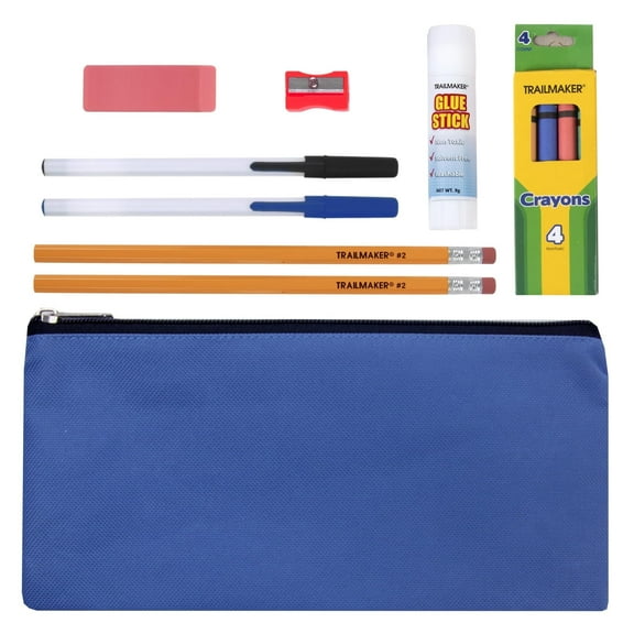 48 Pack of 12 Piece Stationary Kit Pencil Cases Containing 2 Pencils, 2 Pens, 4 Crayons, 1 Pink Eraser, 1 Pencil Sharpener and 1 More per Kit