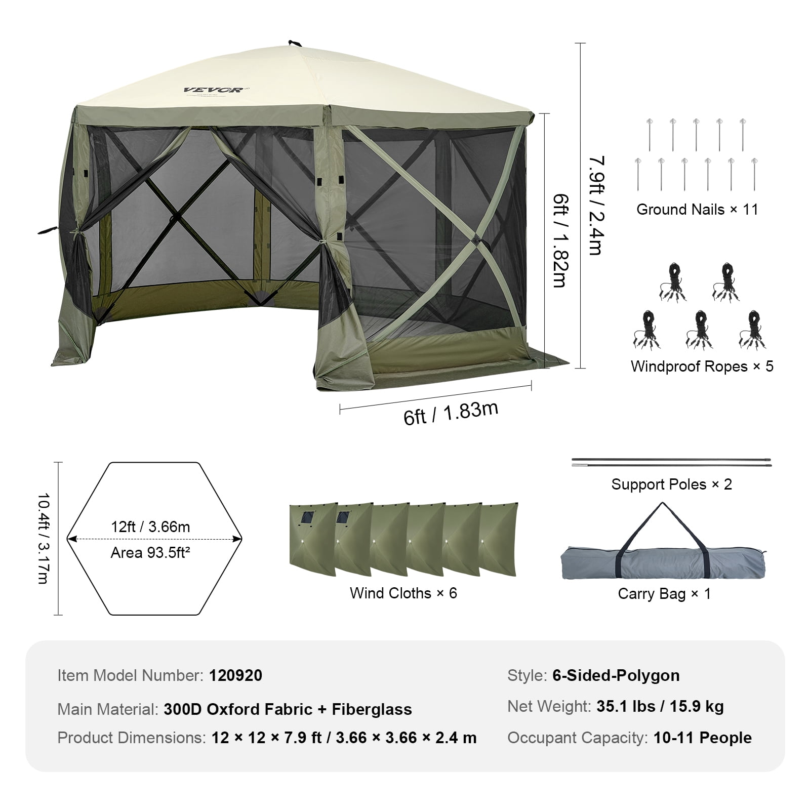 VEVOR Pop up Gazebo Tent, Pop-Up Screen Tent 6 Sided Canopy Sun Shelter with 6 Removable Privacy Wind Cloths & Mesh Windows, 12x12FT Quick Set Screen Tent with Mosquito Netting, Army Green