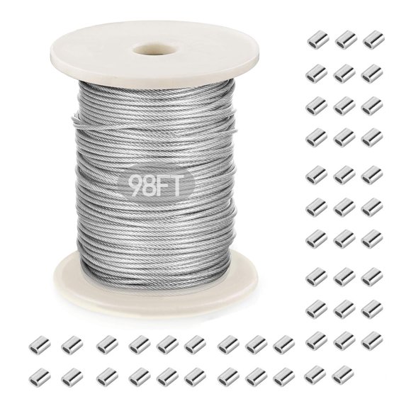 Alambre para colgar cuadros, alambre de acero inoxidable recubierto de plástico con 50 piezas de funda de aluminio para engarzar, para colgar marcos de fotos, obras de arte, espejo, comedero para pája