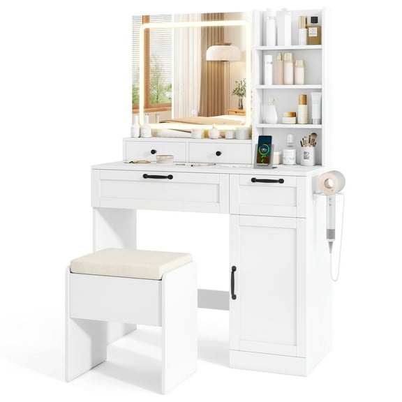 Gymax Vanity Set w/Cushioned Stool Makeup Table w/Adjustable Lighting Mode Brightness
