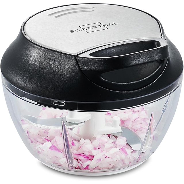 Mini Manual Stainless Steel Chopper - 5 Seconds - With Lid And Scraper - Blender Cuts Onions, Garlic, Herbs