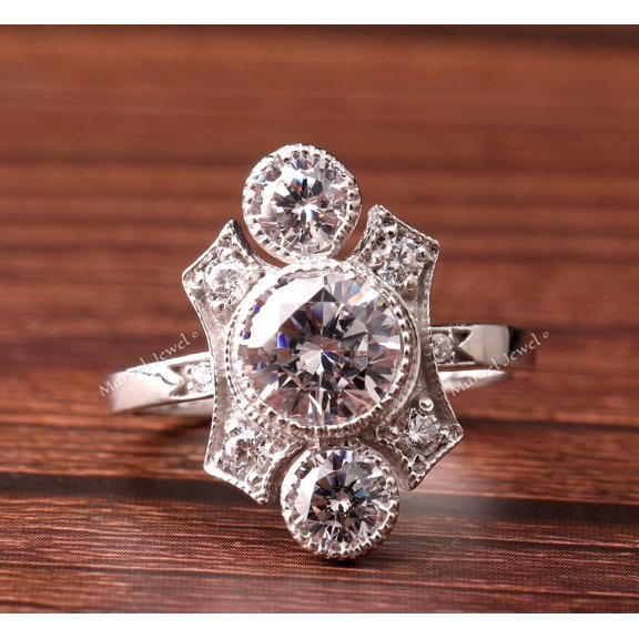 Art Deco Three Stone Diamond Engagement Ring, Antique Bezel Set Milgrain Diamond Ring, Stackable Ring For Women, 925 Sterling Silver, 2.5 Ct Simulated Diamond, Mother's Day Gift