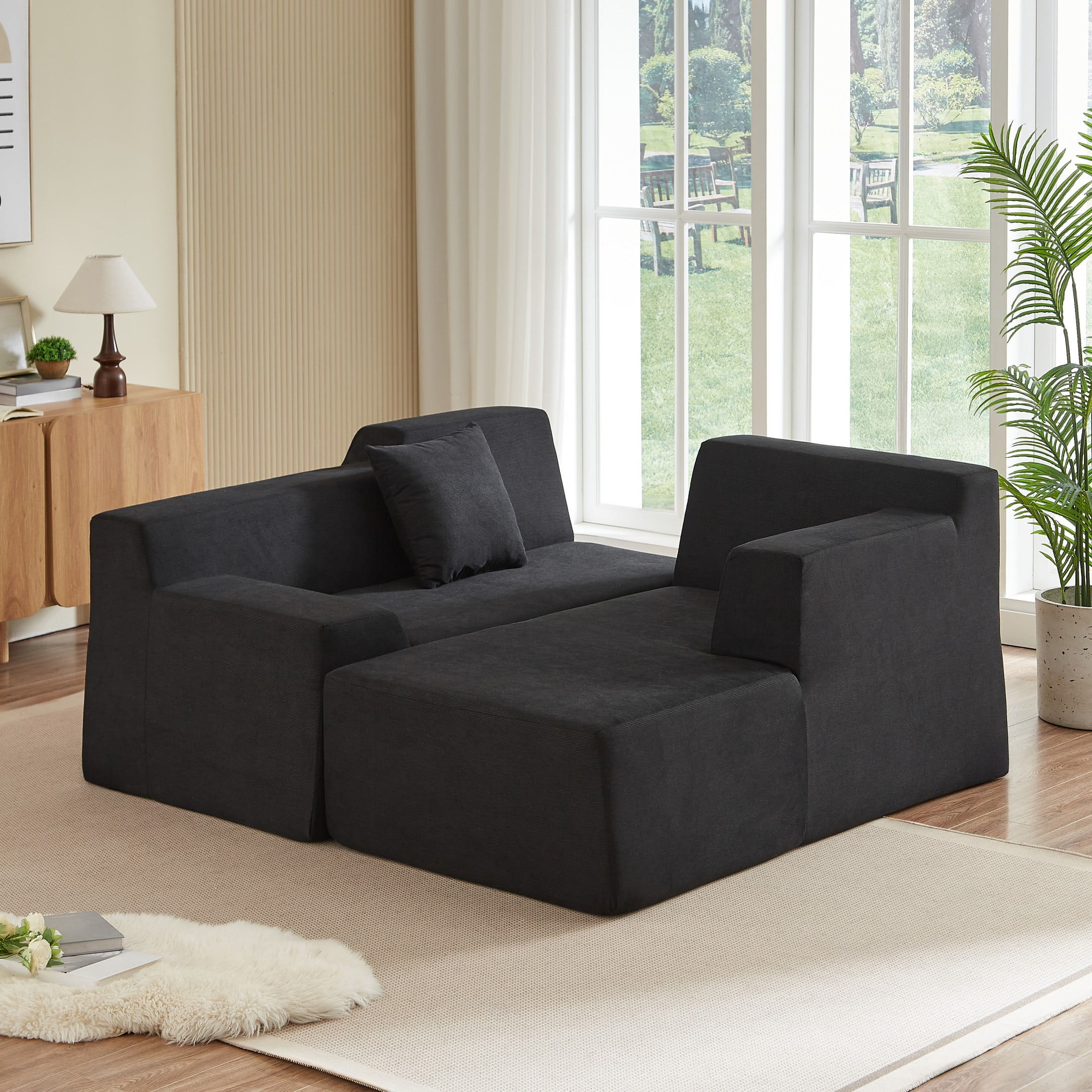 Aukfa 96" Modular Sectional Sofa, L-Shaped Cloud Couch with Right Facing Chaise, Corduroy 3-Seat Memory Foam Sofa for Living Room, Black