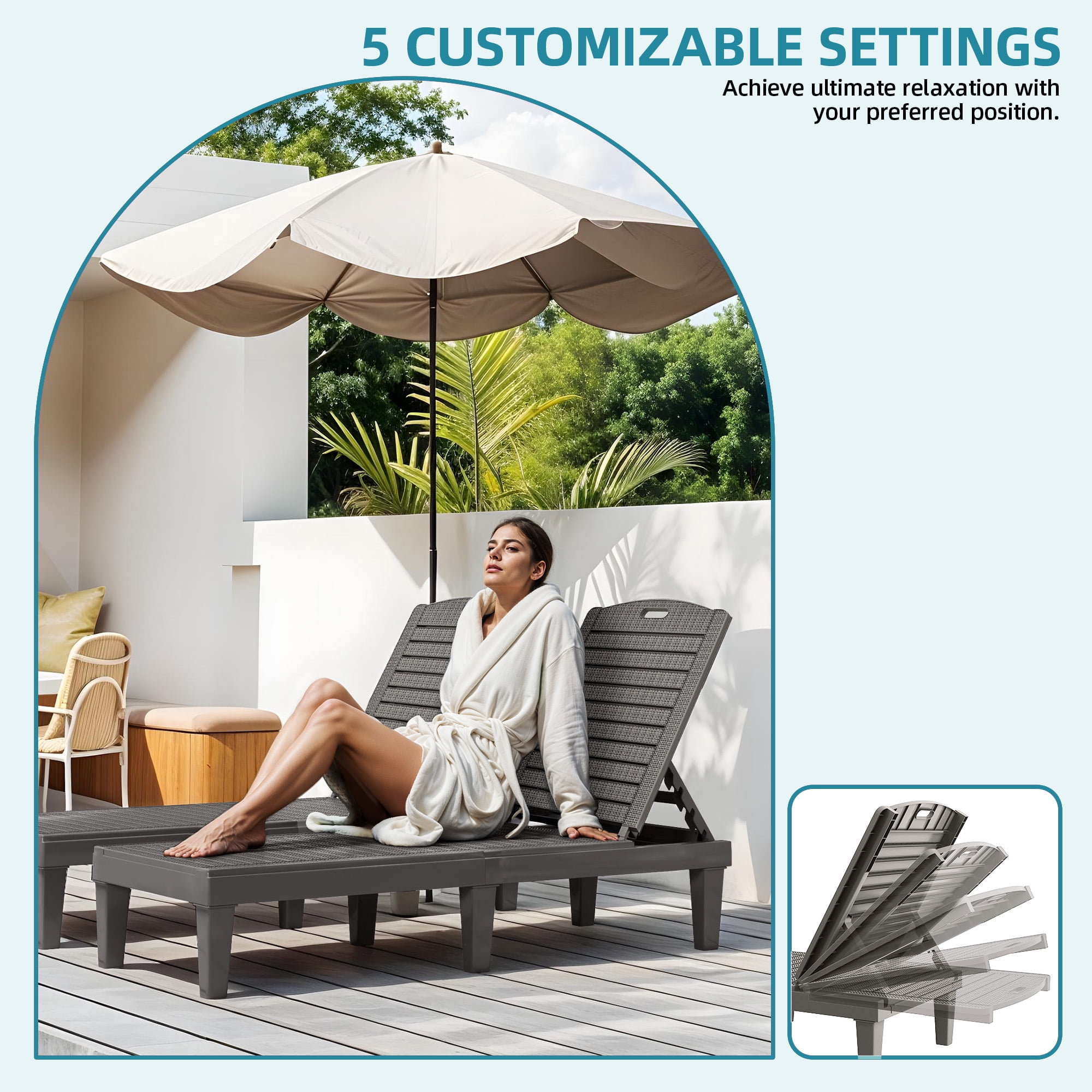 Uforic 2-Piece Outdoor Chaise Lounge Chairs, 5-Position Adjustable Backrest Waterproof Plastic Pool Loungers, Easy Assembly Patio Recliners for Backyard, Poolside and Garden, Gray