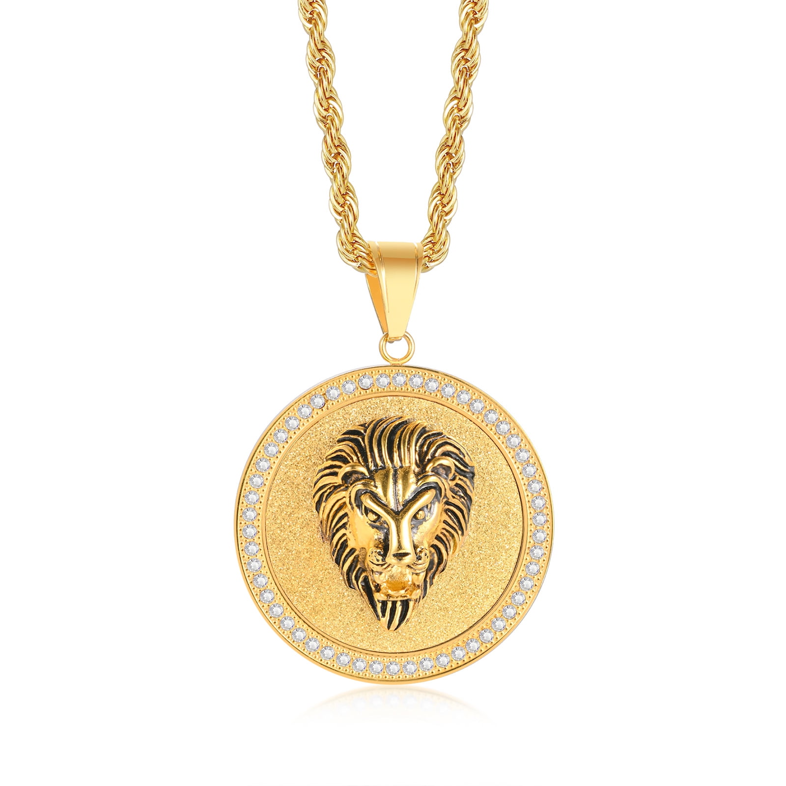 18k Gold Plated Hip Hop Jewelry Stainless Steel Iced Out Lion Head Pendant Necklace for Men,24 Chain Necklace Punk Jewelry