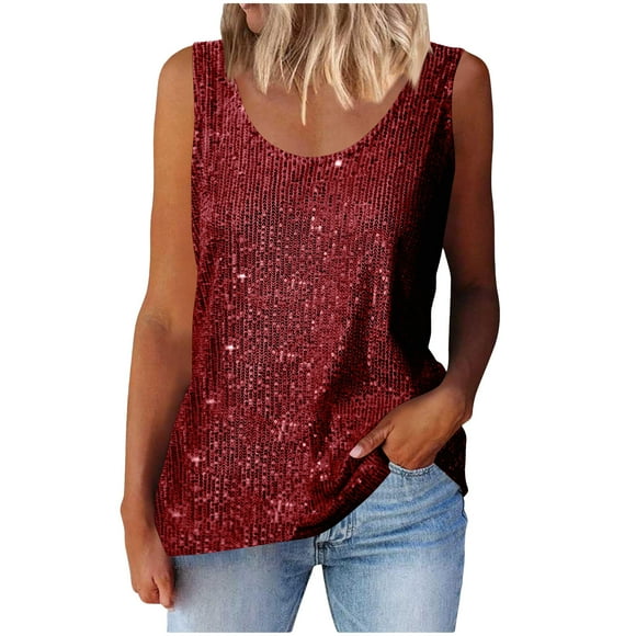 Yuzhih Womens Summer Fashion Sequin Tops Scoop Neck Sequin Sparkle Sleeveless Tanks Tops Club Party Basic Blouse