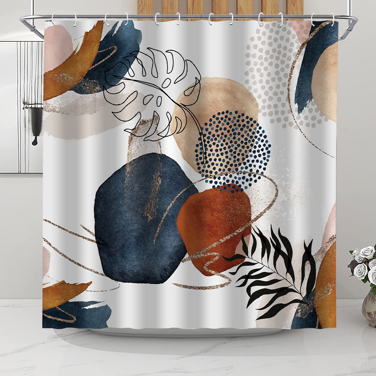 Dznils Abstract Shower Curtain, Geometric Boho Design, 72" x 72", Blue photo 6