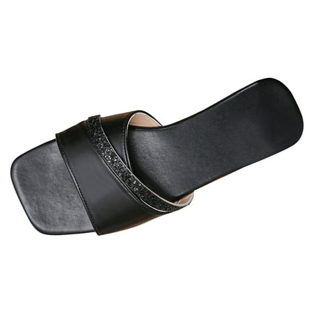 

Women Sandals Fashionable New Pattern Solid Color Sequin Decoration Flat Bottomed Square Toe Open Toe Breathable And Comfortable Summer Beach Shoes