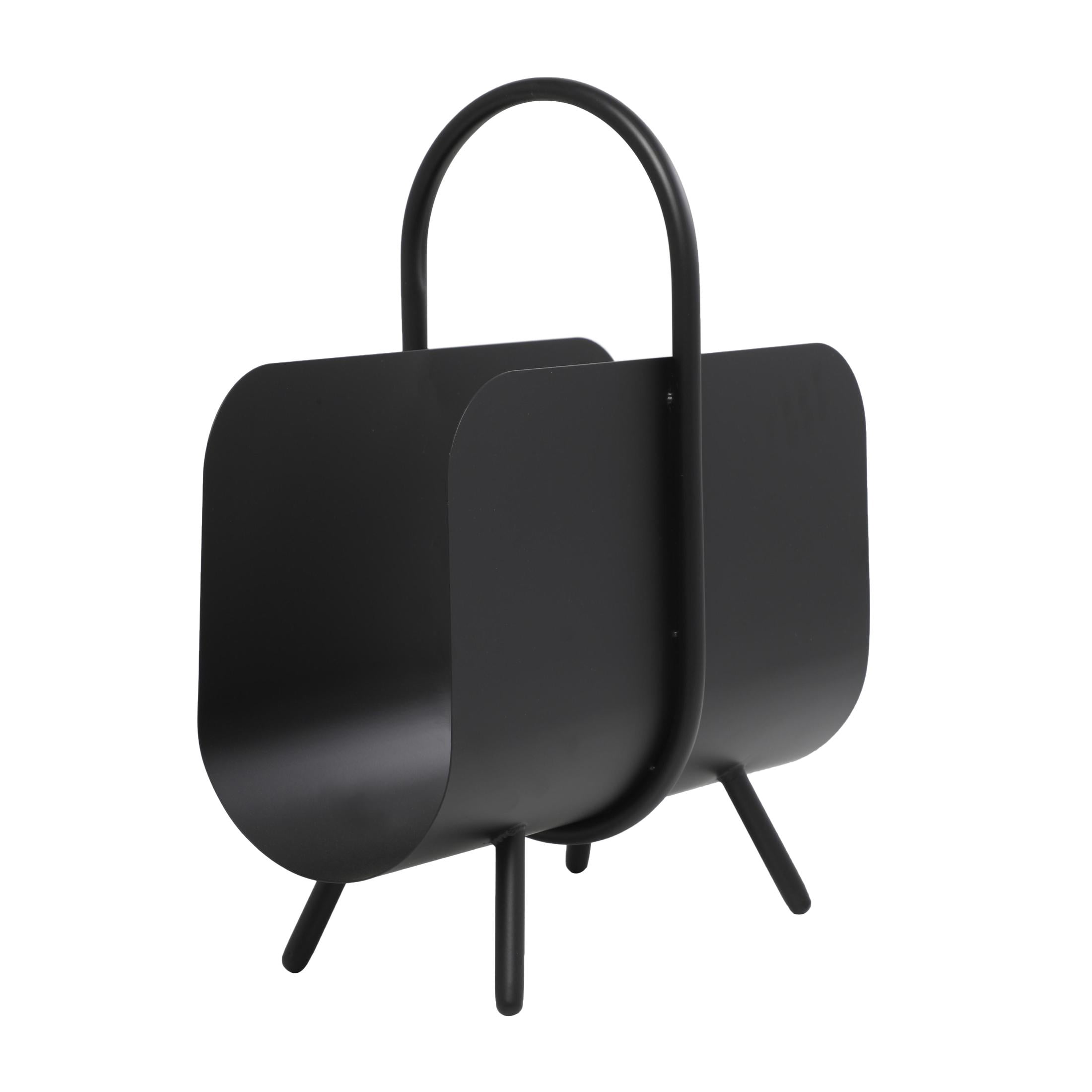 DecMode 20" Black Metal Matte Curved Magazine Holder with Arched Handle and Flared Legs