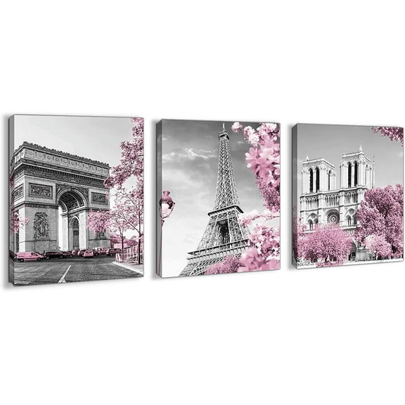 Paris Eiffel Tower Wall Decor for Girls Bedroom Pink Paris Room Decor Black and White Bathroom Pictures Wall Decor Modern Home Art Artwork for Walls Canvas Framed Wall Decoration Size 12x16 Each Panel