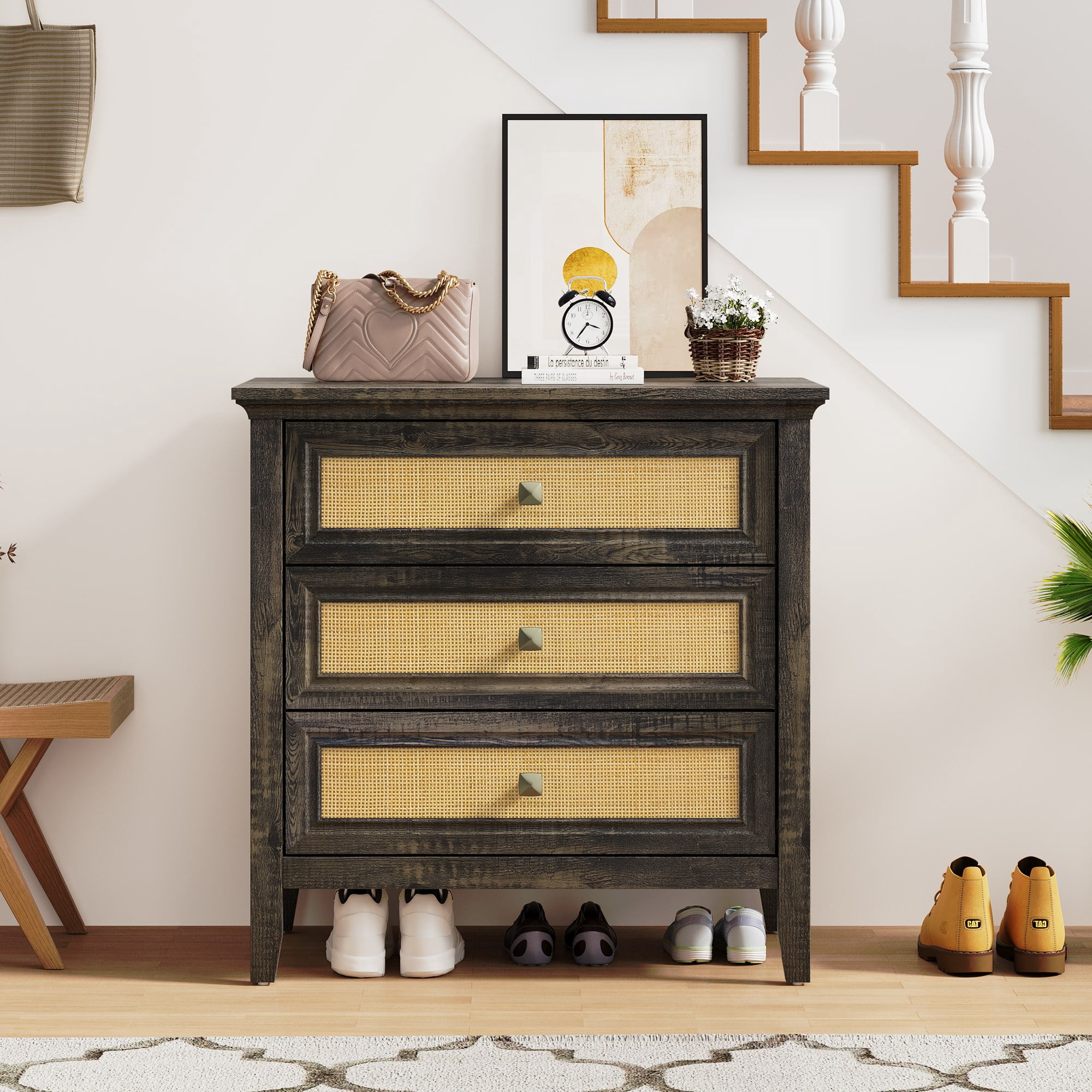 3 Drawer Dresser Rattan Dresser Wood Chest of Drawers Farmhouse Closet Dressers Modern Bedside Table Rustic Nightstand Storage Cabinet for Bedroom, Hallway, Living Room