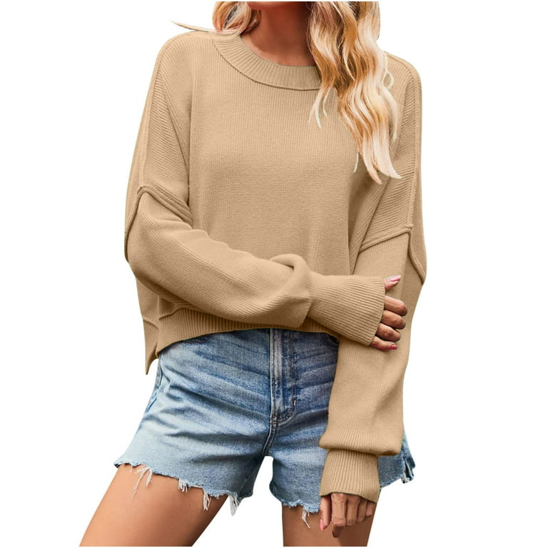 Aueoeo Chunky Knit Sweater, Women's Fashion Loose Knit Sweater Solid Color  Fall Long Sleeve Crewneck Sweaters Pullover Tops 