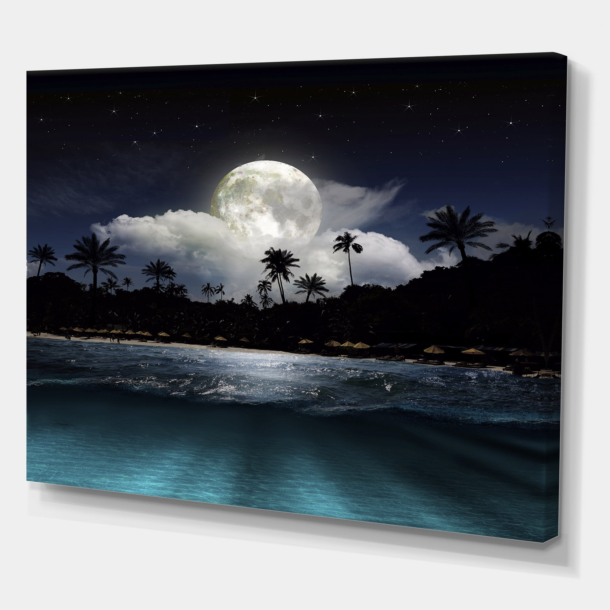 Designart ' Green Beach Under Tropical Full Moon ' Modern Canvas Wall Art Print