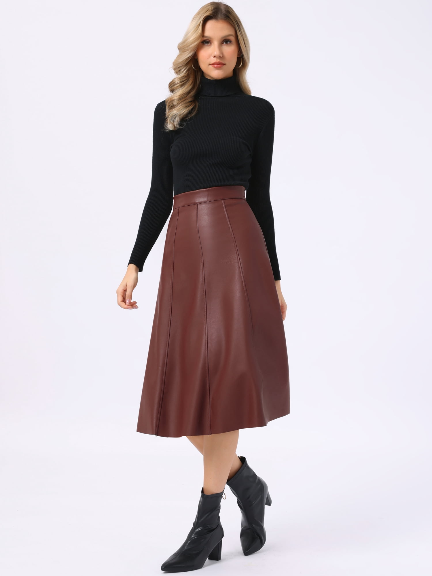 DARING DIVA Women's Vintage A Line Faux PU Leather Midi Skirts Medium Burgundy