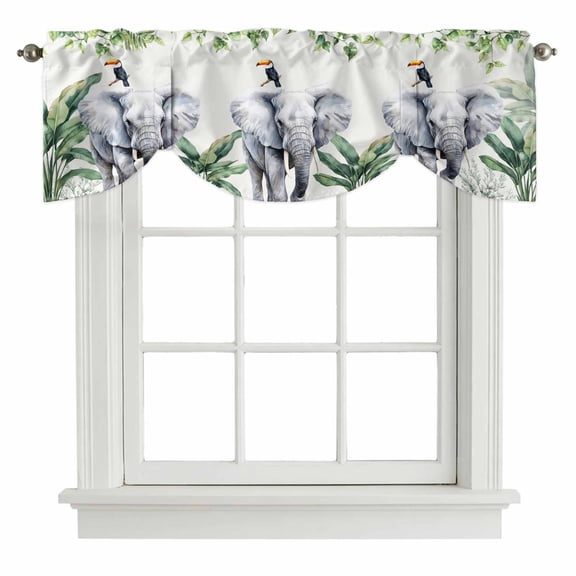 Tie Up Valances for Windows, Tropical Elephant Bird Adjustable Valance Curtains Window Treatment for Living Room/Bedroom, Watercolor Summer Palm Leaf Rod Pocket Kitchen Curtains & Drapes 60x18 Inch
