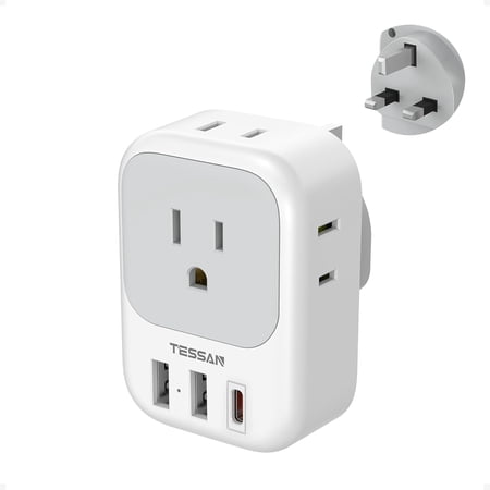 US to UK Plug Adapter PD 20W, Type G Travel Converter with 3 USB Charger(1 USB C Port), 4 Outlets Power Adaptor for USA to Qatar Ireland Hong Kong England Scotland Kenya Dubai London British