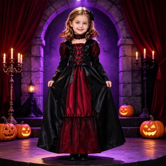 Pandaie Kids Girls Retro Vampire Outfit Role Play Satin Long Length Costume Gown Dress Halloween Cosplay Black,7-9 Years