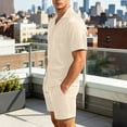 thumbnail image 5 of Bpyeka Men's Casual Two-Piece Set, Camp Collar Button-Down Shirt & Drawstring Shorts, Herringbone Jacquard Textured Co-Ord Outfit, S-2XL, 5 of 9