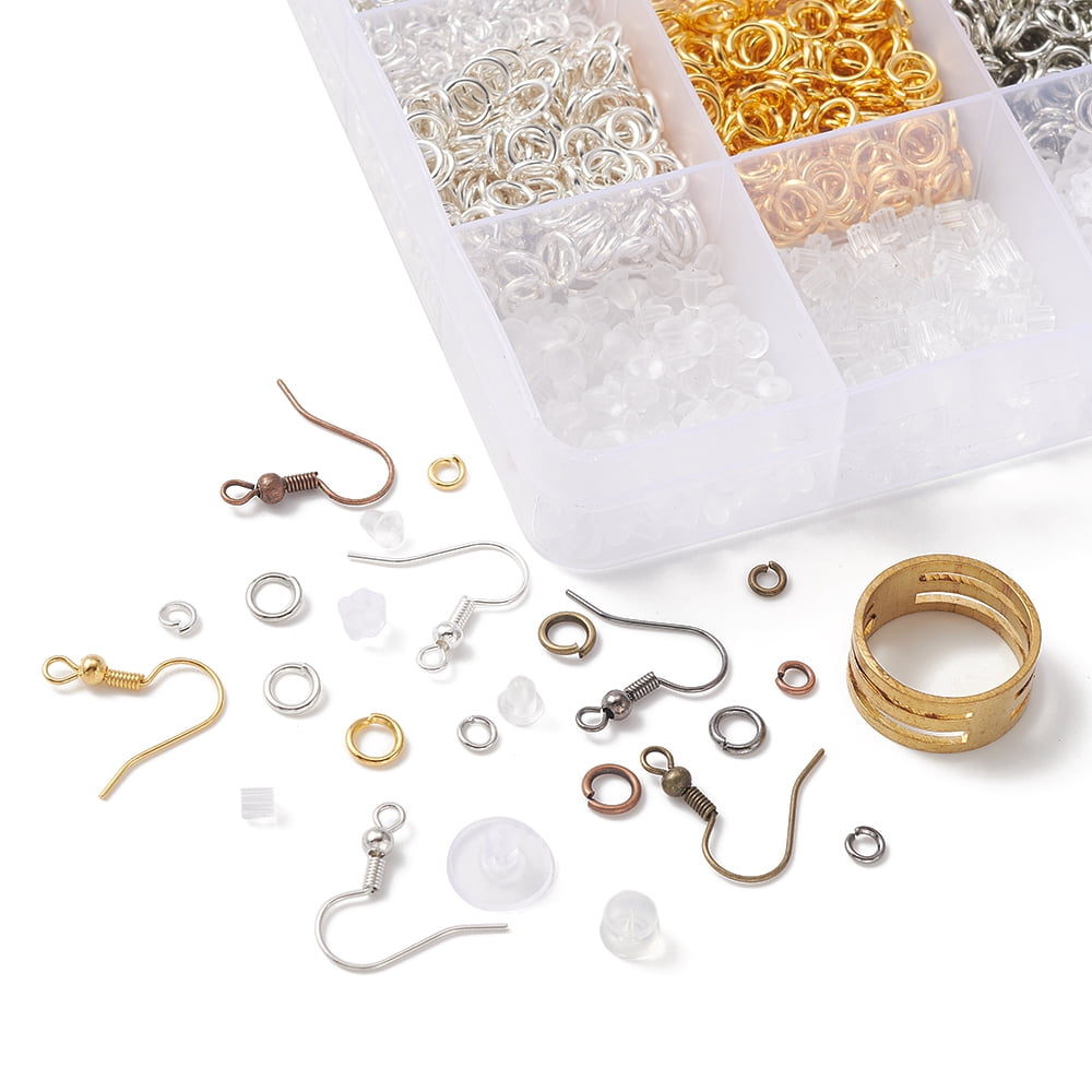 1set Earring Making Finding Kit Including Brass Earring Hooks & Jump Rings & Ring Tools Plastic Ear Nuts Tweezers Mixed color 3568pcs/box