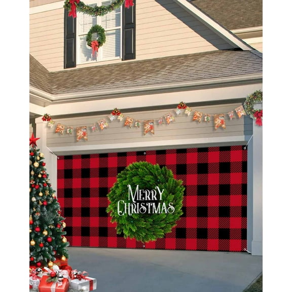 Garage Door Banner Cover 7 x 16 ft, Merry Christmas Wreath Buffalo Red and Black Plaid Christmas Garage Door Decorations Holiday Christmas Backdrop Decor for Winter New Year Xmas Party