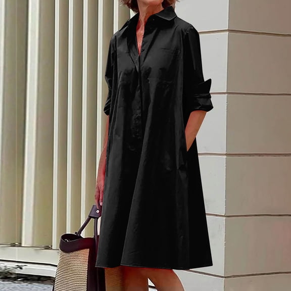 Dolkfu 3/4 Sleeve Women'S Fall&Winter Dresses Casual Black Collared Mid-Length Shirt Dress Solid Relaxed Fit Outdoor Modern Dresses Black,S