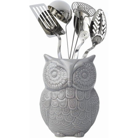Comfify Utensil Holder, Ceramic, Owl Design, Countertop, Gray, 5 x 7 x 4 in