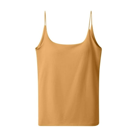 Womens Spaghetti Strap Camisole Tops Built in Bra Seamless Padded Sleeveless Cross Back Sexy Crop Yoga Tanks Vest (Large  Yellow)