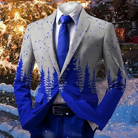 FAOWME Men's Christmas Suit Jacket With Pocket Long Sleeved Lapel Buttons Xmas Printed Fashion Comfortable Coats Tops For Holiday Daily Wear Blue L