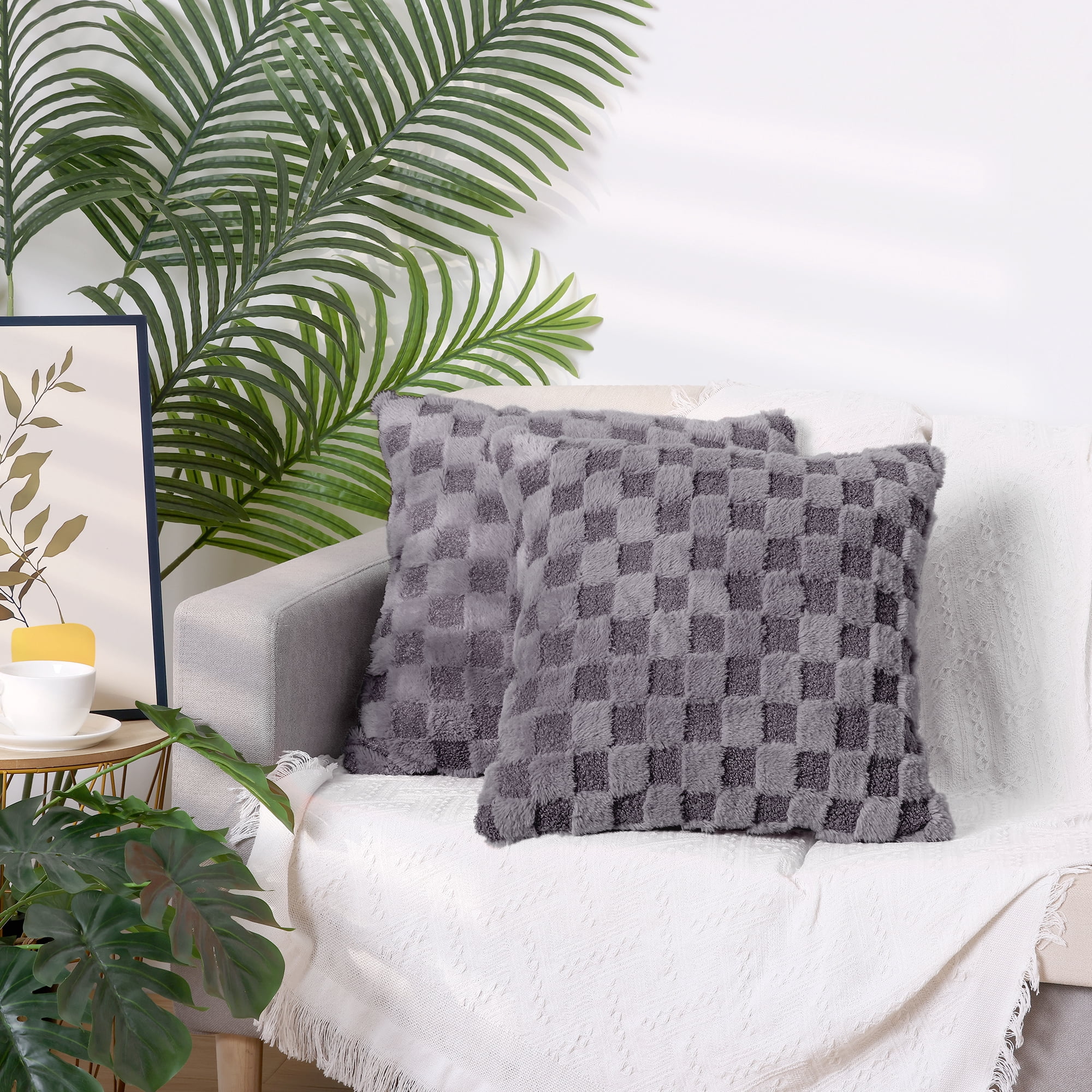 Unique Bargains 2 Faux Fur Soft Plaid Decorative Throw Pillow Covers Square Pillowcase Gray 18" x 18"